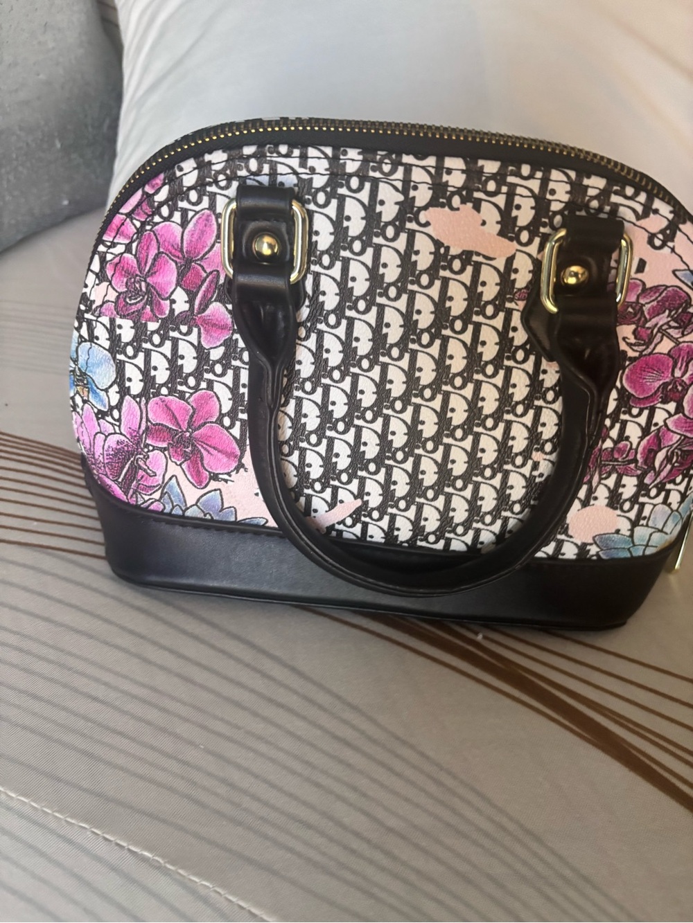 Inspired Dior Black Trim Floral Logo Dome Bag with Pink Accents - Picture 4 of 11